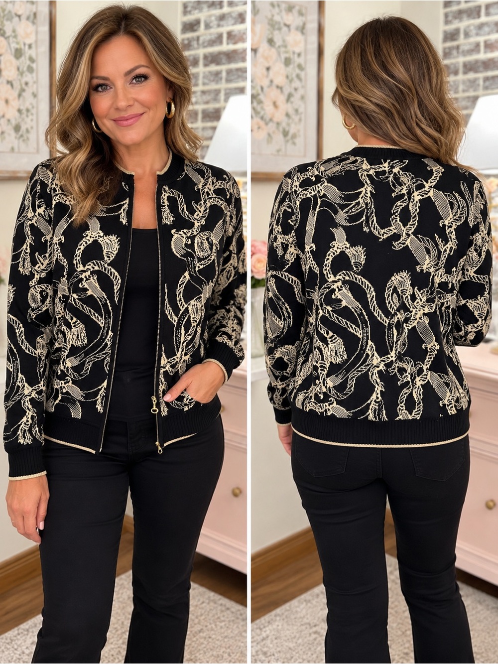 St. John Black Gold Knit Tassel Design Jacket L NWT $745